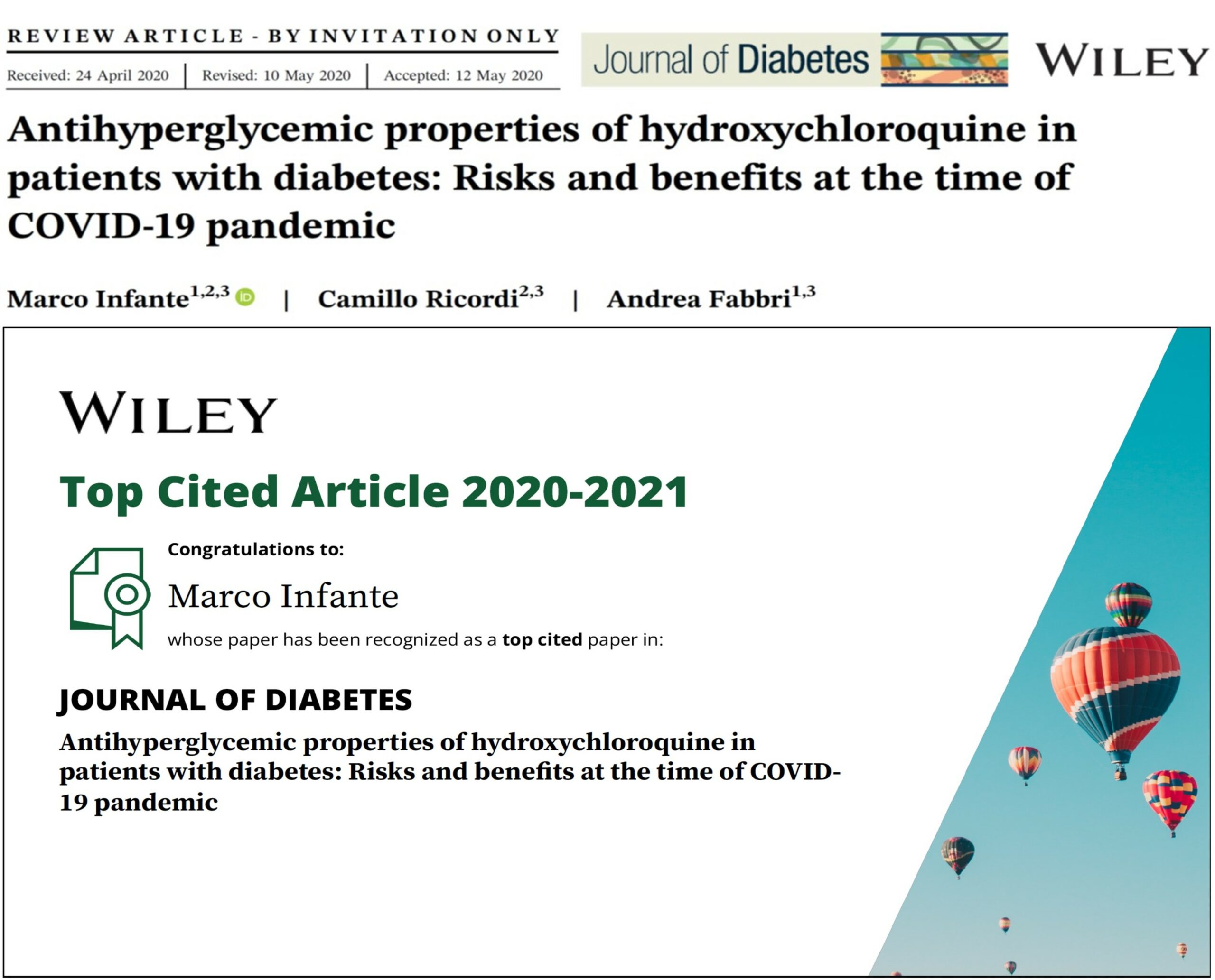 “Antihyperglycemic properties of hydroxychloroquine in patients with diabetes: Risks and benefits at the time of COVID-19 pandemic” tra i Top Cited Papers 2020-2021 in Journal of Diabetes”